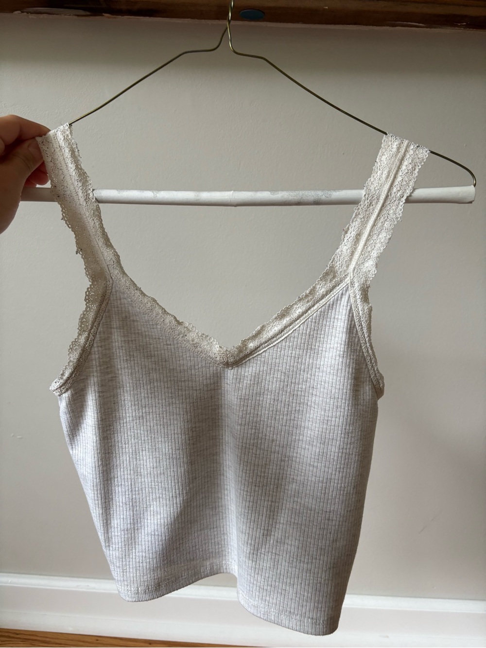 American Eagle Lace-Trim Ribbed Tank Top in Cream